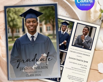 Tarjeta de invitación de graduación azul, invitación editable para la fiesta de graduación de 2026, anuncio fotográfico para estudiantes de último año (descarga digital, plantilla de Canva)