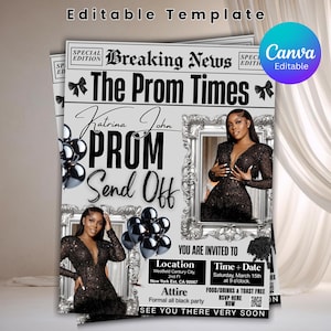 以下が含まれることがあります： 「Breaking News」と「The Prom Times」の見出しが付いた白黒の招待状テンプレート。招待状には「Katrina John」と「PROM Send Off」という名前が含まれています。黒いドレスを着た女性の写真とイベントの詳細が特徴です。