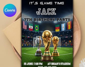 Invitación para fiesta de cumpleaños de fútbol de la Copa Mundial de Fútbol, imprimible digitalmente