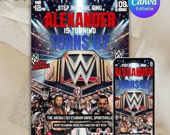 Convite de aniversário de luta livre, cinturão de campeão editável, convite para ingresso de boxe/MMA, modelo digital, cartão de aniversário para imprimir, download instantâneo