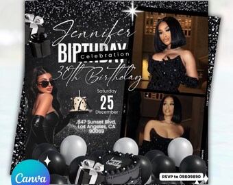 Plantilla de folleto de cumpleaños de lujo en negro y dorado, invitación de cumpleaños con champán, folleto glamuroso para fiesta de cumpleaños de adultos, descarga digital.