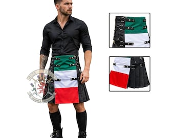 Italian Flag Men’s Kilt Black Denim Utility Kilt with Leather Straps, Sizes 28–62”
