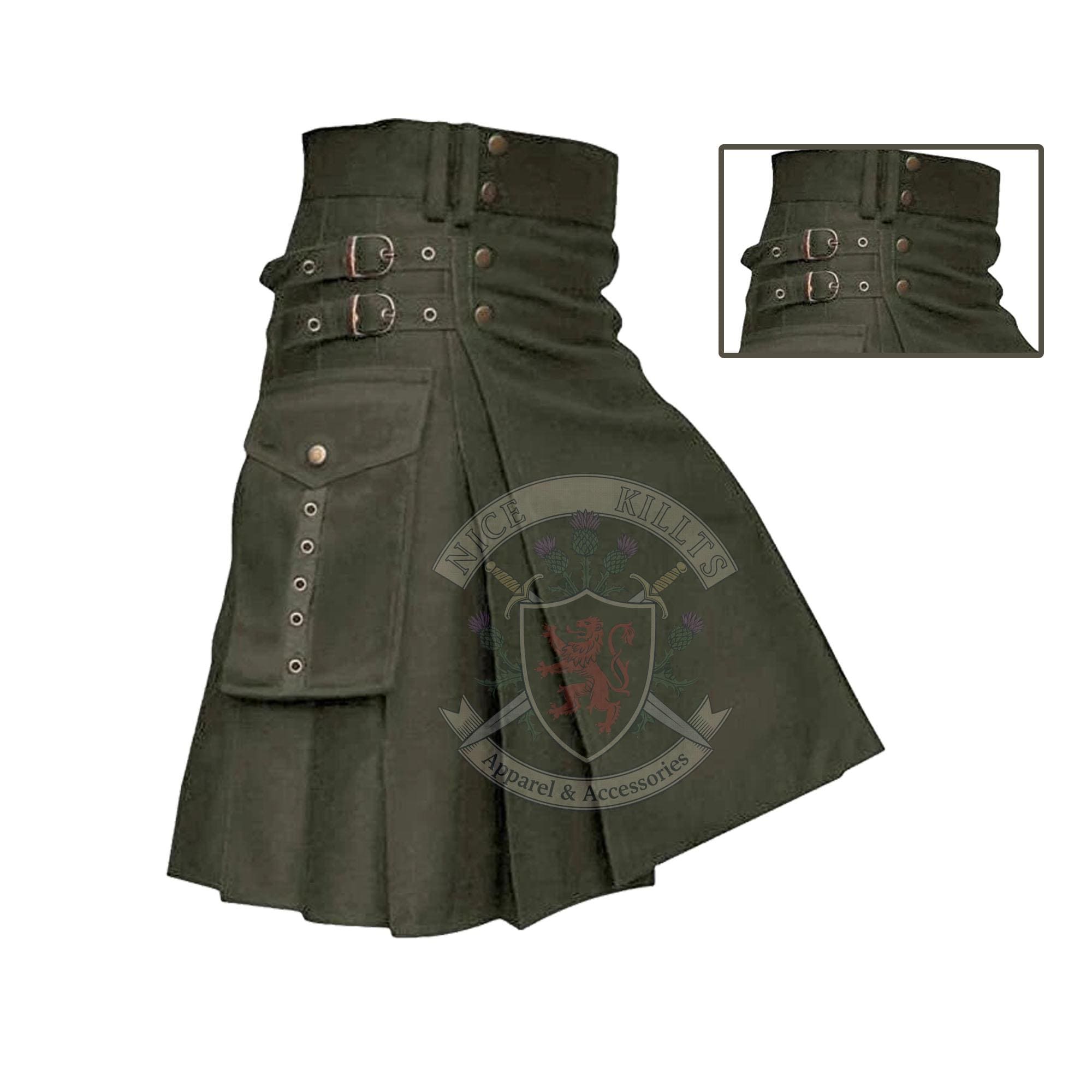 Men's Olive Green Utility Kilt Fashion Cargo Pocket Cotton Utility Kilt for men