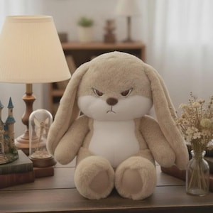 Könnte beinhalten: Ein hellbraunes Plüschkaninchen mit langen Ohren und einem wütenden Gesichtsausdruck. Das Kaninchen hat einen weißen Bauch und sitzt auf einer Holzoberfläche. Der Hintergrund umfasst eine Lampe, Bücher und dekorative Gegenstände.