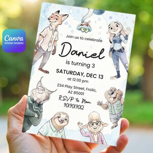 Peut inclure: Une carte d'invitation d'anniversaire rectangulaire avec des illustrations style aquarelle de personnages animaux anim&eacute;s. Le texte indique : Join us to celebrate Daniel is turning 3, SATURDAY, DEC 13 at 12:30 pm, 234 Play Street, Frolic, AZ 85001, RSVP to Mom 901.901.9012.