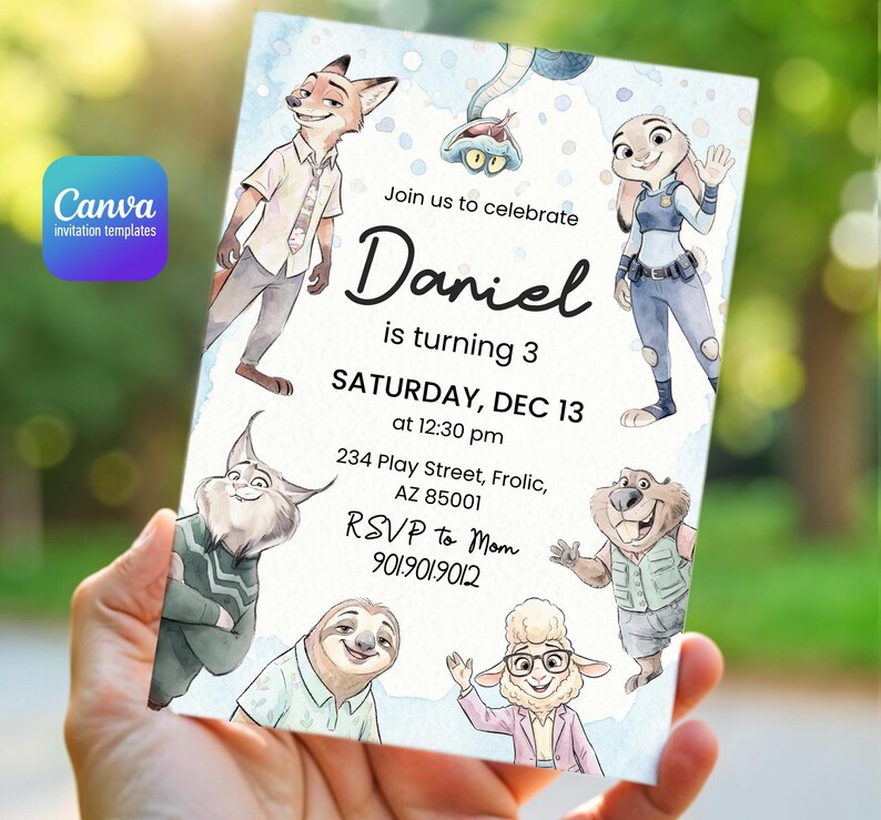 Peut inclure: Une carte d'invitation d'anniversaire rectangulaire avec des illustrations style aquarelle de personnages animaux anim&eacute;s. Le texte indique : Join us to celebrate Daniel is turning 3, SATURDAY, DEC 13 at 12:30 pm, 234 Play Street, Frolic, AZ 85001, RSVP to Mom 901.901.9012.