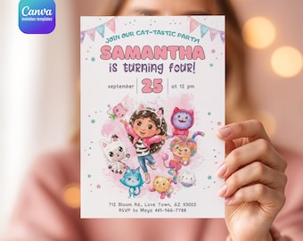 Printable Dollhouse invitation, editable birthday invite, Doll Party invitation, girl birthday invitation template, Kitten invitation