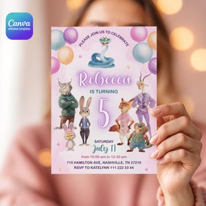 May include: A rectangular birthday invitation card featuring a light purple background with colorful balloons and animated animal characters. The text reads: Please join us to celebrate, Rebecca is turning 5, Saturday July 11, 715 Hamilton Ave, Nashville, TN 37210, RSVP to Katelynn 111 222 33 44.