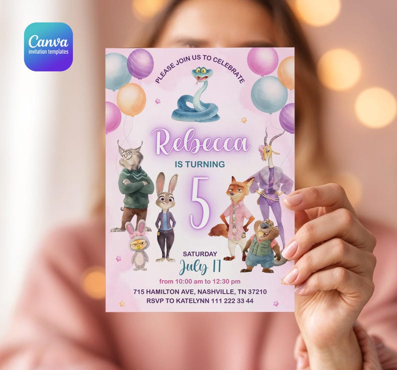 May include: A rectangular birthday invitation card featuring a light purple background with colorful balloons and animated animal characters. The text reads: Please join us to celebrate, Rebecca is turning 5, Saturday July 11, 715 Hamilton Ave, Nashville, TN 37210, RSVP to Katelynn 111 222 33 44.