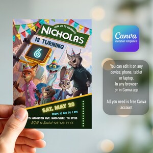 May include: A birthday invitation template featuring Zootopia characters wearing party hats, with the text "Join us to celebrate Nicholas is turning 6", "Sat, May 20", "From 10 am to 1 pm", "15 Hamilton Ave, Nashville, TN 37210", and "RSVP to Rachel 123 123 44 55".