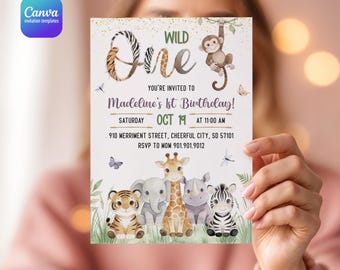 Wild One birthday invitation, printable Safari invitation, Jungle party invite template, editable Wild Animals invitation, boy girl birthday