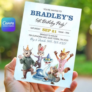 K&ouml;nnte beinhalten: Eine rechteckige Geburtstagseinladungskarte mit dem Text YOU'RE INVITED TO BRADLEY'S 5th Birthday Party! SATURDAY SEP 21 10AM - 1PM BRADLEY'S HOUSE 789 EUPHORIA AVE, GLEE TOWN, TN 37211 Rsvp to Natalie 345-765-4321 und Zeichentrick-Tierfiguren.