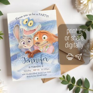 May include: A rectangular party invitation card featuring a blue snake, a gray rabbit, and an orange fox. The text reads: Please join us for a PARTY! Jennifer IS TURNING 5! Saturday SEP 22 At 1:00pm 678 Mirthful Blvd, Jovial, LA 70112 Rsvp to Zoe 123.987.6543.