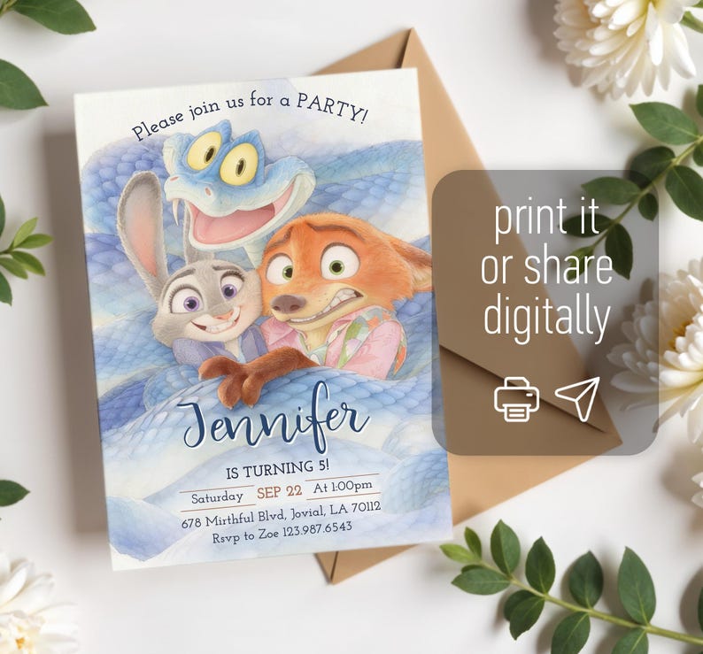 May include: A rectangular party invitation card featuring a blue snake, a gray rabbit, and an orange fox. The text reads: Please join us for a PARTY! Jennifer IS TURNING 5! Saturday SEP 22 At 1:00pm 678 Mirthful Blvd, Jovial, LA 70112 Rsvp to Zoe 123.987.6543.