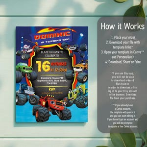 May include: A rectangular birthday invitation card featuring cartoon monster trucks and the text Dominic is turning six, 16 November at 12:30 PM, Dominic's House 789 Euphoria Ave, Glee Town, TN 37211, and RSVP to Rachel 123.456.7890, next to instructions.