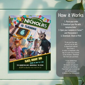 May include: A birthday invitation template featuring Zootopia characters wearing party hats, with text reading "Join us to celebrate Nicholas is turning 6", "Sat, May 20", "From 10 am to 1 pm", "715 Hamilton Ave. Nashville, TN 37210", and "RSVP to Rachel 123 123 44 55".
