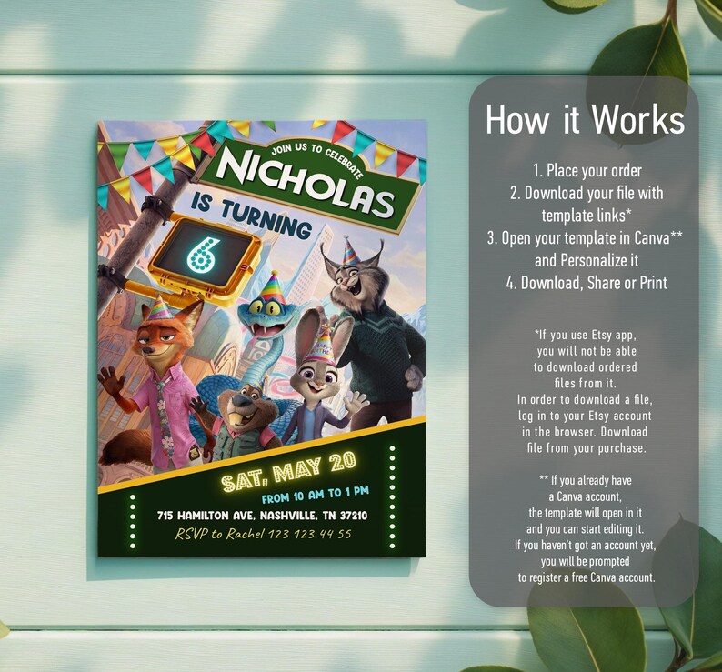 May include: A birthday invitation template featuring Zootopia characters wearing party hats, with text reading "Join us to celebrate Nicholas is turning 6", "Sat, May 20", "From 10 am to 1 pm", "715 Hamilton Ave. Nashville, TN 37210", and "RSVP to Rachel 123 123 44 55".