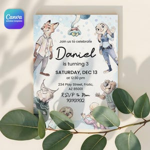 Peut inclure: Une carte d'invitation d'anniversaire rectangulaire avec des personnages de Zootopie dont un renard, un lapin, un serpent, un lynx, un ours, un paresseux et un mouton. Le texte indique : Join us to celebrate Daniel is turning 3 SATURDAY, DEC 13 at 12:30 pm 234 Play Street, Frolic, AZ 85001 RSVP to Mom 901.901.9012.