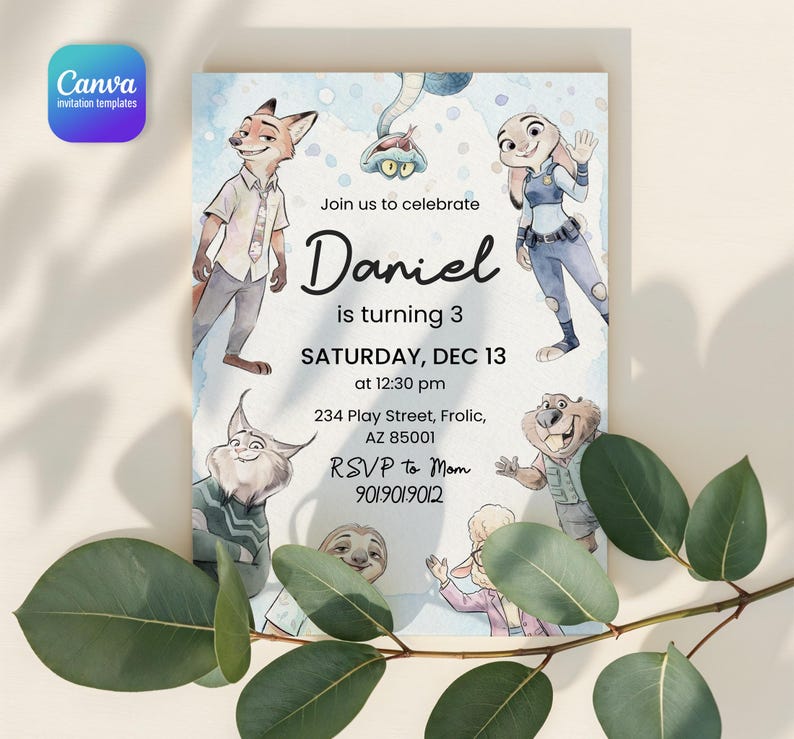 Peut inclure: Une carte d'invitation d'anniversaire rectangulaire avec des personnages de Zootopie dont un renard, un lapin, un serpent, un lynx, un ours, un paresseux et un mouton. Le texte indique : Join us to celebrate Daniel is turning 3 SATURDAY, DEC 13 at 12:30 pm 234 Play Street, Frolic, AZ 85001 RSVP to Mom 901.901.9012.