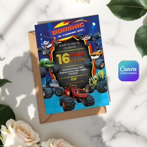 May include: A rectangular birthday invitation card featuring Blaze and the Monster Machines characters. The text reads: DOMINIC IS TURNING SIX! BLAZE ON OVER TO CELEBRATE! 16 NOVEMBER AT 12:30PM, Dominic's House 789 Euphoria Ave, Glee Town, TN 37211, RSVP to Rachel 123.456.7890.