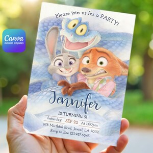 May include: A rectangular party invitation card featuring a watercolor illustration of a grey rabbit, an orange fox, and a blue snake. The text reads: Please join us for a PARTY! Jennifer IS TURNING 5! Saturday SEP 22 At 1:00pm 678 Mirthful Blvd, Jovial, LA 70112 Rsvp to Zoe 123.987.6543.