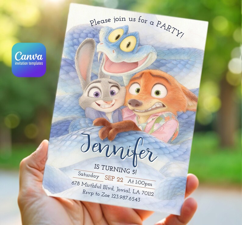 May include: A rectangular party invitation card featuring a watercolor illustration of a grey rabbit, an orange fox, and a blue snake. The text reads: Please join us for a PARTY! Jennifer IS TURNING 5! Saturday SEP 22 At 1:00pm 678 Mirthful Blvd, Jovial, LA 70112 Rsvp to Zoe 123.987.6543.