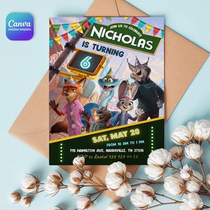 May include: A rectangular birthday invitation card featuring animated animal characters wearing party hats. The text reads: JOIN US TO CELEBRATE NICHOLAS IS TURNING 6, SAT, MAY 20, FROM 10 AM TO 1 PM, 715 HAMILTON AVE. NASHVILLE, TN 37210, RSVP to Rachel 123 123 44 55.