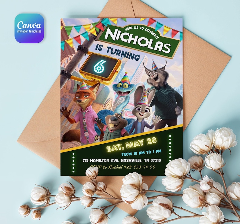 May include: A rectangular birthday invitation card featuring animated animal characters wearing party hats. The text reads: JOIN US TO CELEBRATE NICHOLAS IS TURNING 6, SAT, MAY 20, FROM 10 AM TO 1 PM, 715 HAMILTON AVE. NASHVILLE, TN 37210, RSVP to Rachel 123 123 44 55.