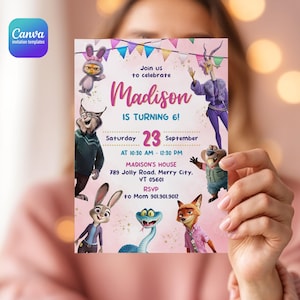 Puede incluir: Una tarjeta de invitaci&oacute;n de cumplea&ntilde;os con personajes de Zootopia sobre un fondo rosa con banderines coloridos. El texto dice: Join us to celebrate Madison IS TURNING 6! Saturday 23 September AT 10:30 AM - 12:30 PM MADISON'S HOUSE 789 Jolly Road, Merry City, VT 05601 RSVP to Mom 901.901.9012.