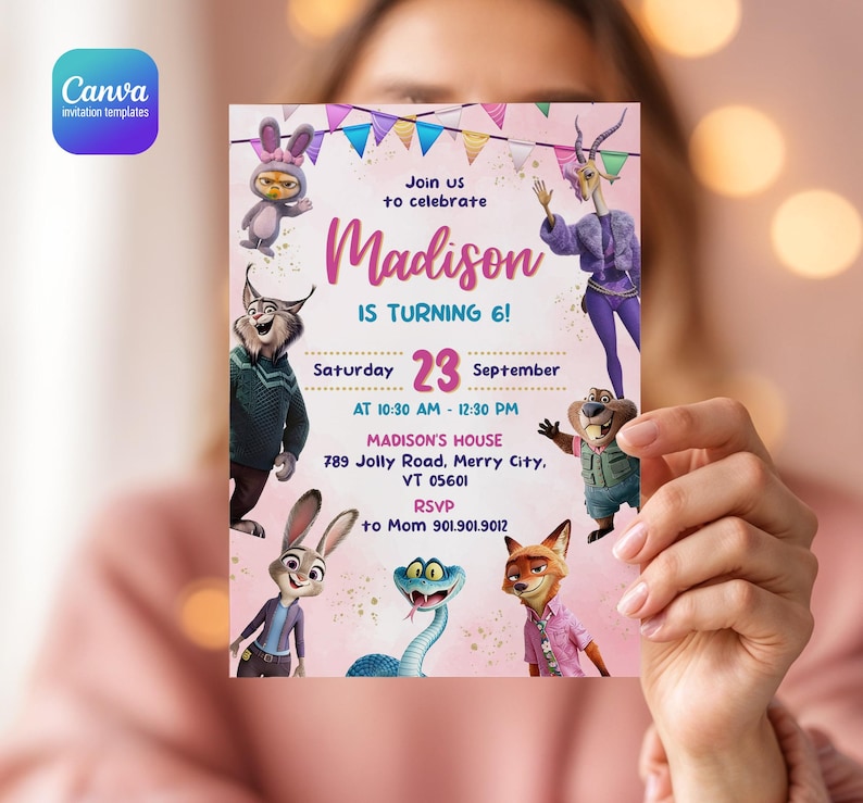 Puede incluir: Una tarjeta de invitaci&oacute;n de cumplea&ntilde;os con personajes de Zootopia sobre un fondo rosa con banderines coloridos. El texto dice: Join us to celebrate Madison IS TURNING 6! Saturday 23 September AT 10:30 AM - 12:30 PM MADISON'S HOUSE 789 Jolly Road, Merry City, VT 05601 RSVP to Mom 901.901.9012.