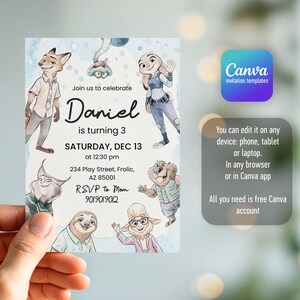 Peut inclure: Une carte d'invitation d'anniversaire rectangulaire avec des illustrations style aquarelle de personnages animaux anim&eacute;s. Le texte indique : Join us to celebrate Daniel is turning 3, SATURDAY, DEC 13 at 12:30 pm, 234 Play Street, Frolic, AZ 85001, RSVP to Mom 901.901.9012.