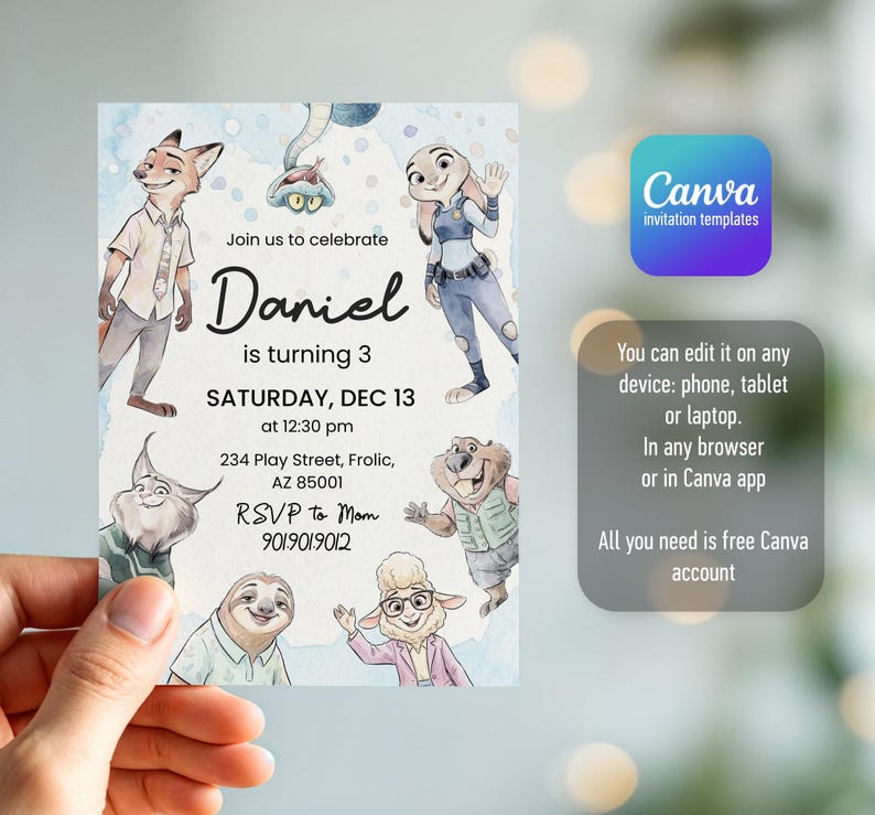 Peut inclure: Une carte d'invitation d'anniversaire rectangulaire avec des illustrations style aquarelle de personnages animaux anim&eacute;s. Le texte indique : Join us to celebrate Daniel is turning 3, SATURDAY, DEC 13 at 12:30 pm, 234 Play Street, Frolic, AZ 85001, RSVP to Mom 901.901.9012.