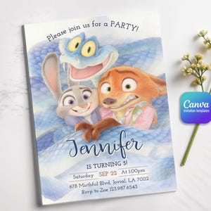 May include: A rectangular party invitation card featuring a cartoon rabbit, a fox, and a blue snake. The text reads: Please join us for a PARTY! Jennifer IS TURNING 5! Saturday SEP 22 At 1:00pm 678 Mirthful Blvd, Jovial, LA 70112 Rsvp to Zoe 123.987.6543.