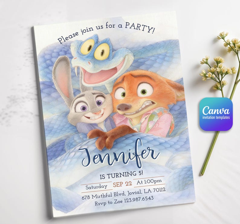 May include: A rectangular party invitation card featuring a cartoon rabbit, a fox, and a blue snake. The text reads: Please join us for a PARTY! Jennifer IS TURNING 5! Saturday SEP 22 At 1:00pm 678 Mirthful Blvd, Jovial, LA 70112 Rsvp to Zoe 123.987.6543.