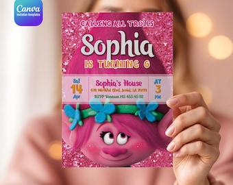 Editable Trolls invite, printable birthday invitation, girl birthday, electronic invitation, Poppy invite template, Trolls Party