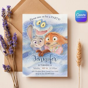 May include: A rectangular party invitation card featuring a cartoon rabbit, a fox, and a blue snake. The text reads: Please join us for a PARTY! Jennifer IS TURNING 5! Saturday SEP 22 At 1:00pm, 678 Mirthful Blvd, Jovial, LA 70112, Rsvp to Zoe 123.987.6543.
