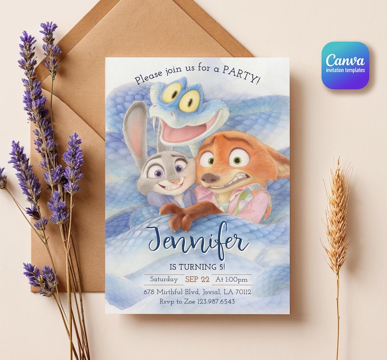 May include: A rectangular party invitation card featuring a cartoon rabbit, a fox, and a blue snake. The text reads: Please join us for a PARTY! Jennifer IS TURNING 5! Saturday SEP 22 At 1:00pm, 678 Mirthful Blvd, Jovial, LA 70112, Rsvp to Zoe 123.987.6543.