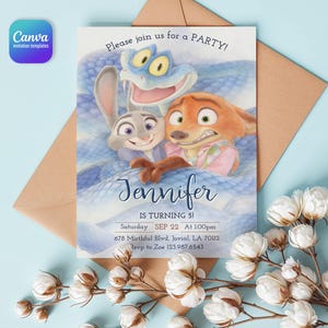 May include: A rectangular birthday invitation card featuring a watercolor illustration of a rabbit, a fox, and a blue snake. The text reads: Please join us for a PARTY! Jennifer IS TURNING 5! Saturday SEP 22 At 1:00pm 678 Mirthful Blvd, Jovial, LA 70112 Rsvp to Zoe 123.987.6543