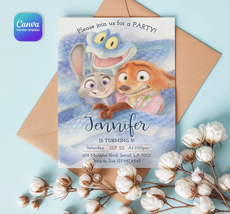 May include: A rectangular birthday invitation card featuring a watercolor illustration of a rabbit, a fox, and a blue snake. The text reads: Please join us for a PARTY! Jennifer IS TURNING 5! Saturday SEP 22 At 1:00pm 678 Mirthful Blvd, Jovial, LA 70112 Rsvp to Zoe 123.987.6543