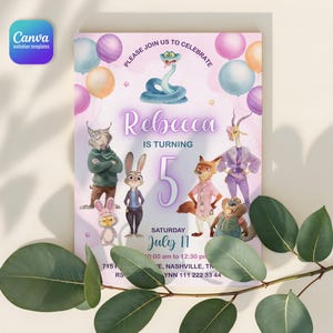 May include: A rectangular birthday invitation card featuring a light purple background with colorful balloons and cartoon animal characters. The text reads: PLEASE JOIN US TO CELEBRATE, Rebecca IS TURNING 5, SATURDAY JULY 11, 10:00 am to 12:30 pm.