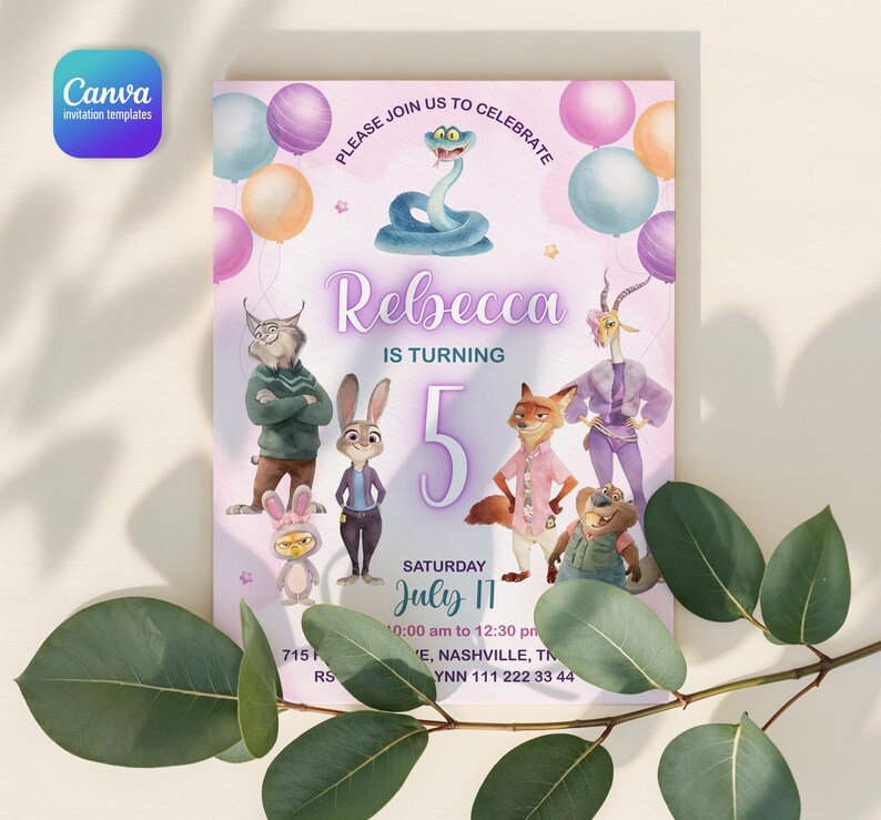 May include: A rectangular birthday invitation card featuring a light purple background with colorful balloons and cartoon animal characters. The text reads: PLEASE JOIN US TO CELEBRATE, Rebecca IS TURNING 5, SATURDAY JULY 11, 10:00 am to 12:30 pm.