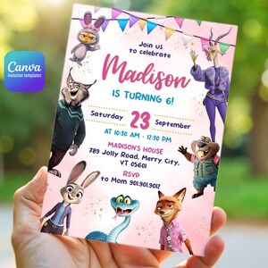 Puede incluir: Una tarjeta de invitaci&oacute;n de cumplea&ntilde;os rectangular con personajes de Zootopia como Judy Hopps, Nick Wilde y Gazelle. El texto dice: Join us to celebrate Madison is turning 6, Saturday 23 September, at 10:30 AM - 12:30 PM, Madison's House, 789 Jolly Road, Merry City, VT 05601, RSVP to Mom 901.901.9012.