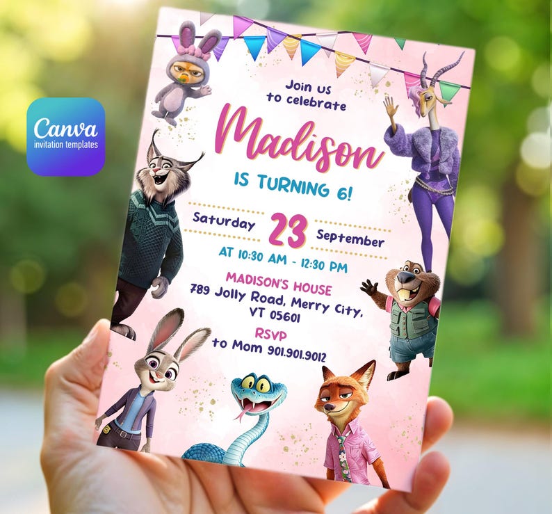Puede incluir: Una tarjeta de invitaci&oacute;n de cumplea&ntilde;os rectangular con personajes de Zootopia como Judy Hopps, Nick Wilde y Gazelle. El texto dice: Join us to celebrate Madison is turning 6, Saturday 23 September, at 10:30 AM - 12:30 PM, Madison's House, 789 Jolly Road, Merry City, VT 05601, RSVP to Mom 901.901.9012.