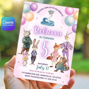 May include: A rectangular birthday invitation card with a light pink background featuring colorful balloons, a snake, and various animated animal characters. The text reads: PLEASE JOIN US TO CELEBRATE, Rebecca IS TURNING 5, SATURDAY JULY 11, 715 HAMILTON AVE, NASHVILLE, TN 37210, RSVP TO KATELYNN 111 222 33 44.