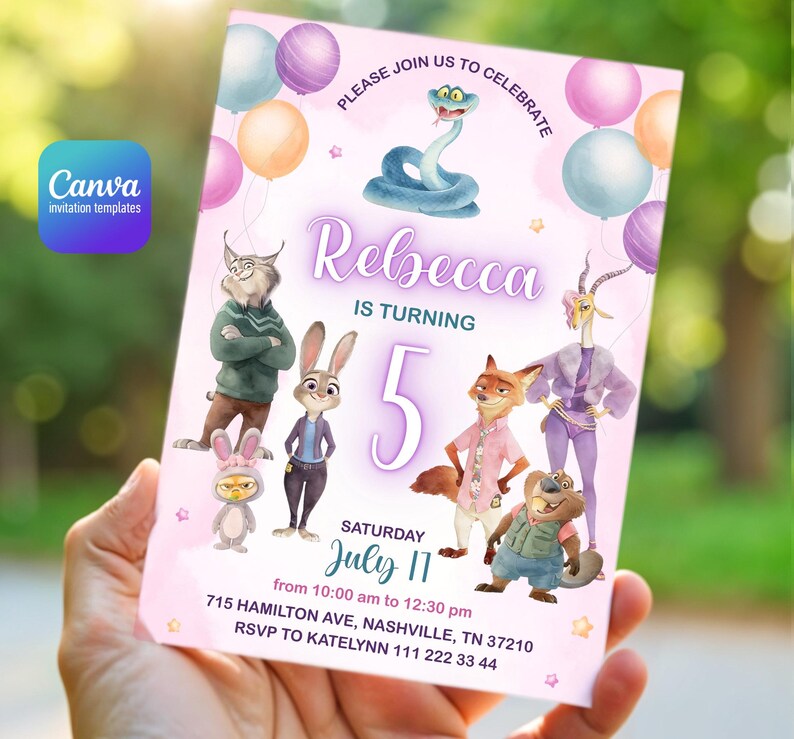 May include: A rectangular birthday invitation card with a light pink background featuring colorful balloons, a snake, and various animated animal characters. The text reads: PLEASE JOIN US TO CELEBRATE, Rebecca IS TURNING 5, SATURDAY JULY 11, 715 HAMILTON AVE, NASHVILLE, TN 37210, RSVP TO KATELYNN 111 222 33 44.