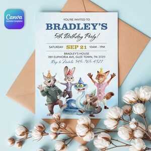 K&ouml;nnte beinhalten: Eine rechteckige Geburtstagseinladungskarte mit dem Text Bradley's 5th Birthday Party, Saturday Sep 21, 10am-1pm und Adressdaten. Die Karte zeigt Zeichentricktiere mit Partyh&uuml;ten, darunter ein Luchs, ein Hase, eine Schlange und ein Biber.