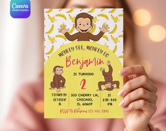 Curious George birthday invitation, printable Monkey invite, Ape invite, Curious George party, boy 1st 2nd 3rd birthday, editable template