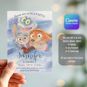 May include: A rectangular party invitation card featuring a watercolor illustration of a rabbit, a fox, and a snake. The text reads: Please join us for a PARTY! Jennifer IS TURNING 5! Saturday SEP 22 At 1:00pm 678 Mirthful Blvd, Jovial, LA 70112 Rsvp to Zoe 123.987.6543.