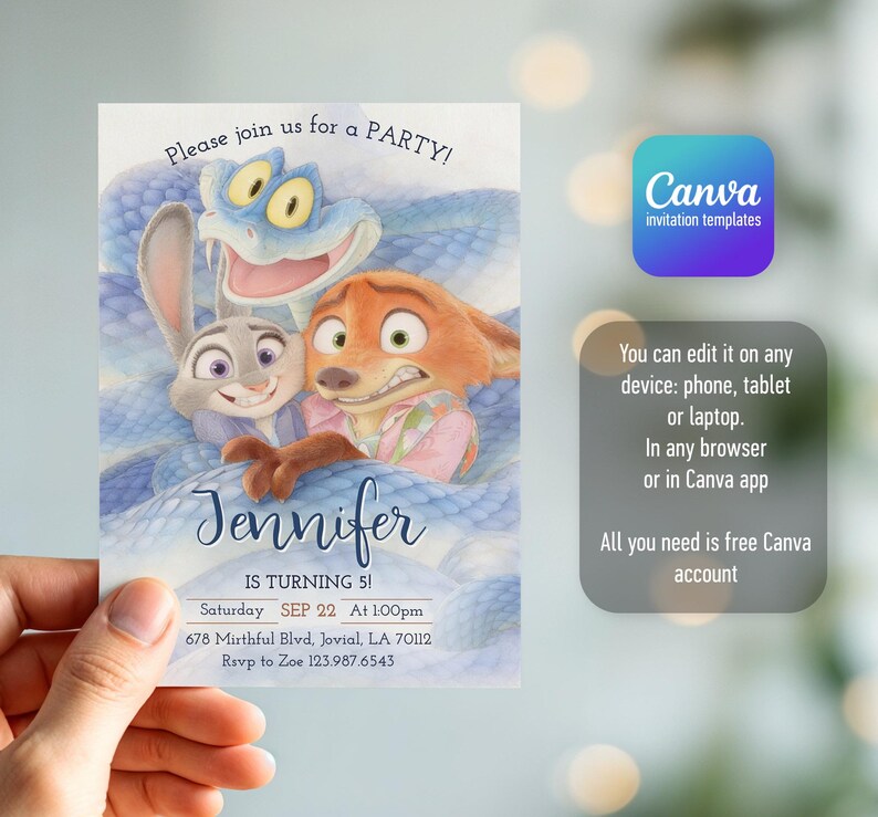 May include: A rectangular party invitation card featuring a watercolor illustration of a rabbit, a fox, and a snake. The text reads: Please join us for a PARTY! Jennifer IS TURNING 5! Saturday SEP 22 At 1:00pm 678 Mirthful Blvd, Jovial, LA 70112 Rsvp to Zoe 123.987.6543.