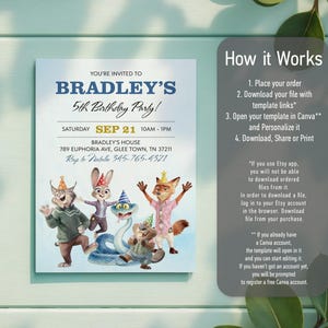 K&ouml;nnte beinhalten: Eine rechteckige Geburtstagseinladungskarte mit dem Text YOU'RE INVITED TO BRADLEY'S 5th Birthday Party, Datum, Uhrzeit und Ort. Darunter sind f&uuml;nf Zeichentricktiere mit Partyh&uuml;ten abgebildet. Daneben befindet sich ein How it Works Infokasten.